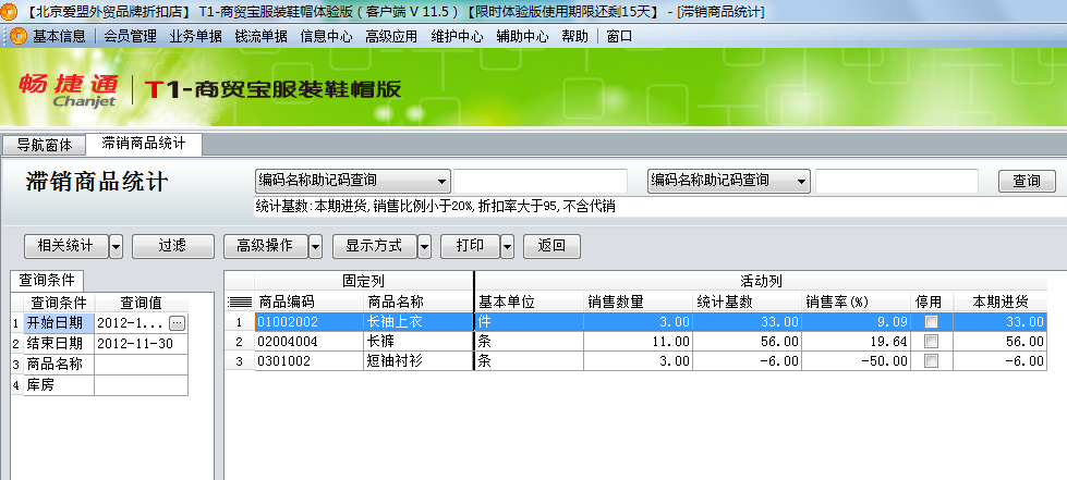 用友t1商貿(mào)寶服裝鞋帽版11.5如何查詢滯銷的商品？